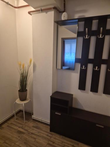 a room with a black dresser and a mirror at Apartament central in Craiova