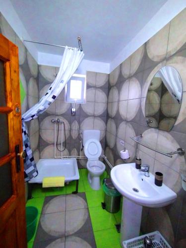 a bathroom with a toilet and a sink at Hostel Pascalis Alesd in Aleşd
