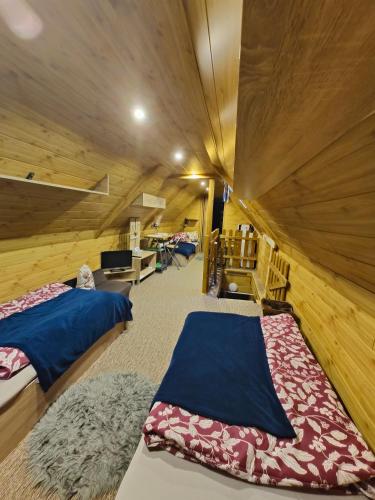 a room with two beds in a room with wooden walls at Mezná 85 in Hřensko