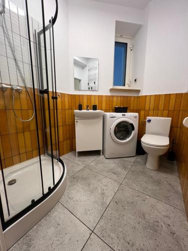 une salle de bains avec lave-linge et toilettes dans l'établissement Apartamenty Cytryn, à Gliwice