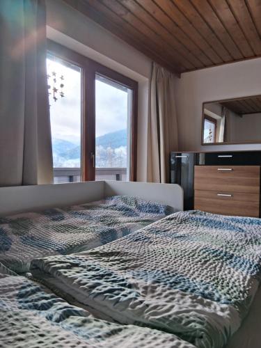a bedroom with a bed with a large window at Mani‘s Appartements in Radstadt