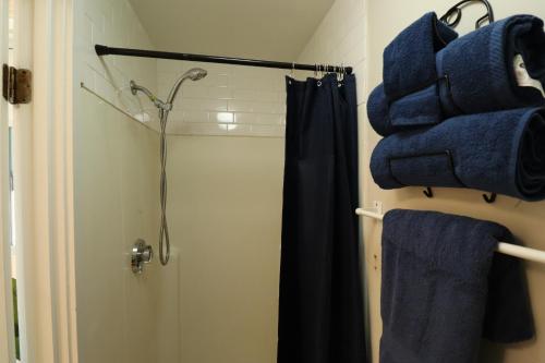 La salle de bains est pourvue d'une douche et de serviettes bleues. dans l'établissement RENU at Boston, à Boston