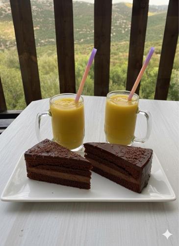 two pieces of chocolate cake and two glasses of orange juice at أكواخ الهدهد in Ajloun