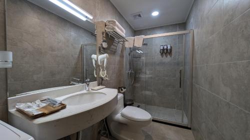 ein Badezimmer mit Waschbecken, Toilette und Dusche in der Unterkunft Krystal Resort Apartment A108 in Bakuriani