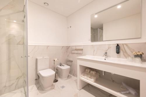 ein Badezimmer mit Toilette, Waschbecken und Dusche in der Unterkunft Stella Braga Aparthotel in Braga