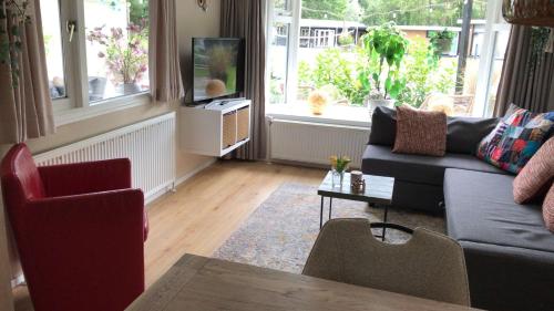 un salon avec un canapé et une télévision dans l'établissement ChaletPool, nabij het Leekstermeer, à Matsloot