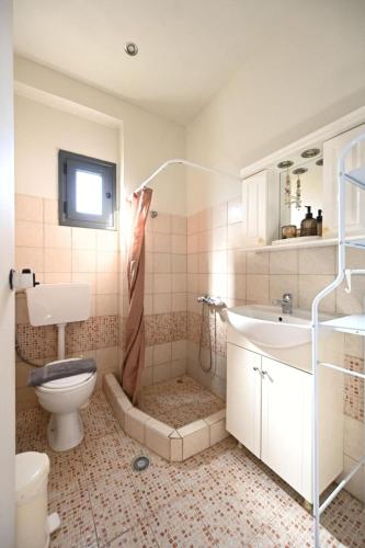 a bathroom with a shower and a toilet and a sink at Νηρηίδες so blue in Arkitsa