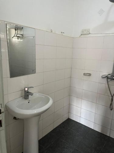 a white bathroom with a sink and a mirror at Ashok Apartments APT C in Buzzi