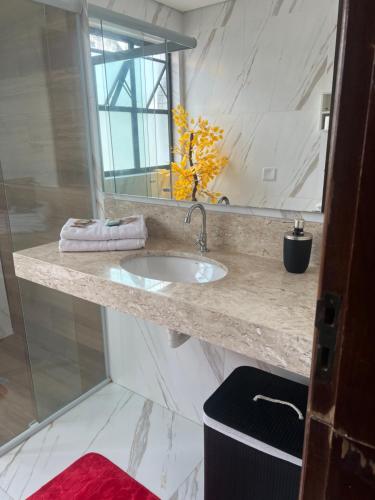 a bathroom counter with a sink and a mirror at Flat Palladium in São Vicente