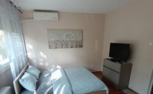 Un pequeño dormitorio con una cama y un televisor. en Apartmani Classic NP, en Novi Pazar