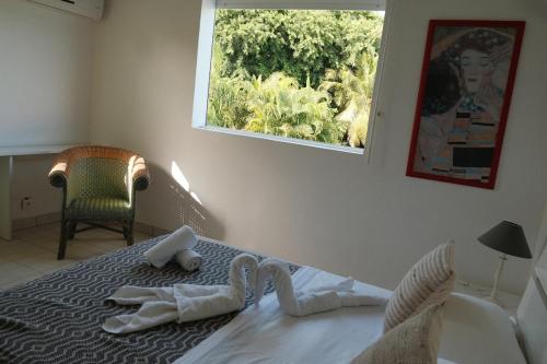 圣弗朗索瓦Villa Bel Arbre的一间卧室配有一张带窗户和椅子的床