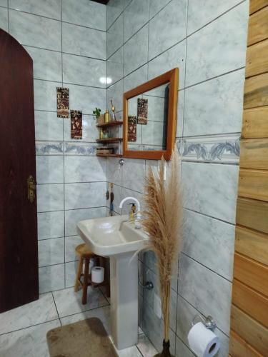 a bathroom with a sink and a mirror at Mini House Park in Campo Alegre