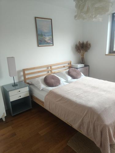 a bedroom with a bed with two pillows on it at Apartament Graniczna in Bieniewice