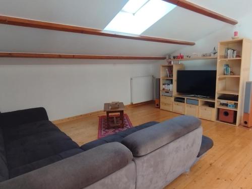 un soggiorno con divano e TV a schermo piatto di Belle maison de campagne au calme a Chey