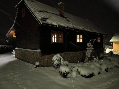 a snow covered house with two windows in the snow at Kuća za odmor Jadra in Duga Resa