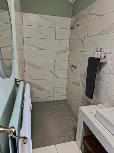 a bathroom with a shower and a sink at Villa De Lyden in Lydenburg