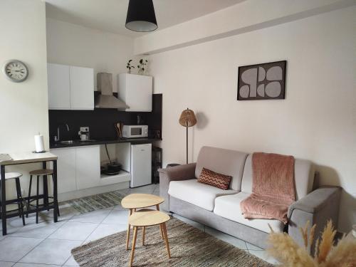 un salon avec un canapé et une table dans l'établissement Charmant appart avec balcon donnant sur place de la mairie, à Castelsarrasin