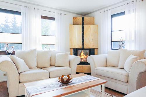 a living room with two couches and a fireplace at Ferienhaus Poolaris in Pruchten