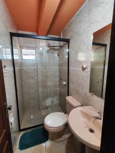 a bathroom with a shower and a toilet and a sink at Departamento 1er Piso-Costa del Potiy in Encarnación
