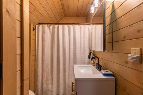 ein Badezimmer mit Duschvorhang und Waschbecken in der Unterkunft Queen Ridge Cabin in West Jefferson