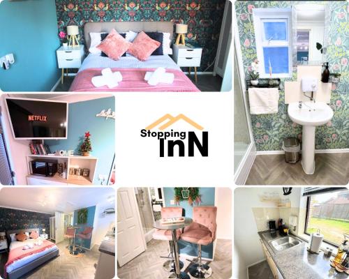 a collage of photos of a hotel room at Thorpe Park Studio - Detached Stay & Free Gated Parking in Thorpe