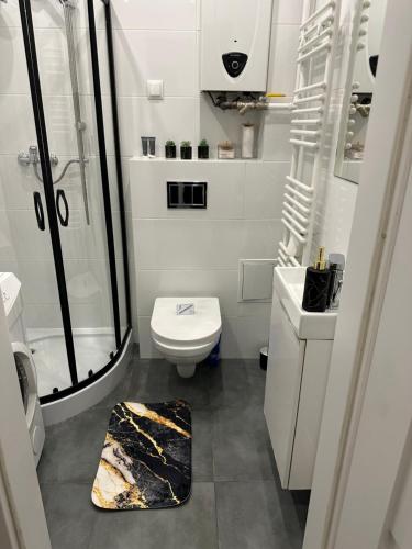 a white bathroom with a shower and a toilet at Apartament Tuwima 2 in Zabrze