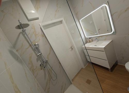 La salle de bains est pourvue d'une douche avec un miroir et un lavabo. dans l'établissement Je T'aime Solar São João, à São João da Madeira