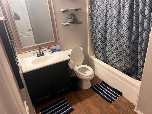 a bathroom with a sink and a toilet and a shower at West Valley King Room 94th in Phoenix