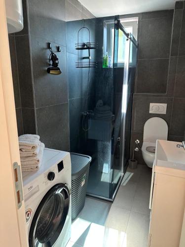 a washing machine in a bathroom with a shower at Star apartmani in Novi Pazar