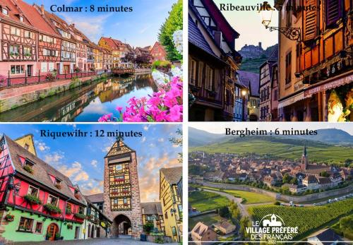 a collage of pictures of a city and a river at Gîte l'Hortensia Rose in Guémar