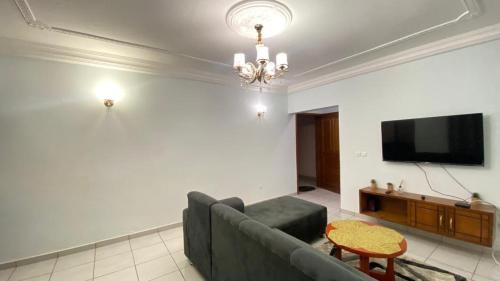 ein Wohnzimmer mit Sofa und Flachbildfernseher in der Unterkunft Les Jardins Prives Odza in Jaunde