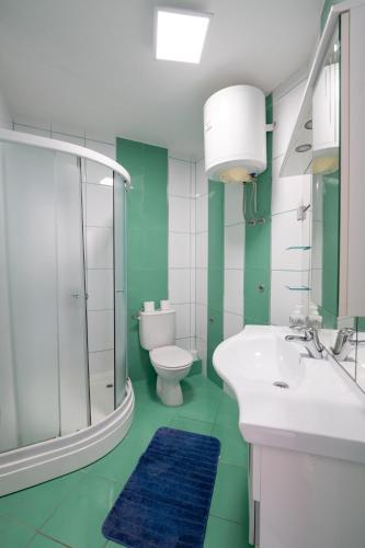 a green and white bathroom with a toilet and sink at Apartments Dvori Novalja in Novalja