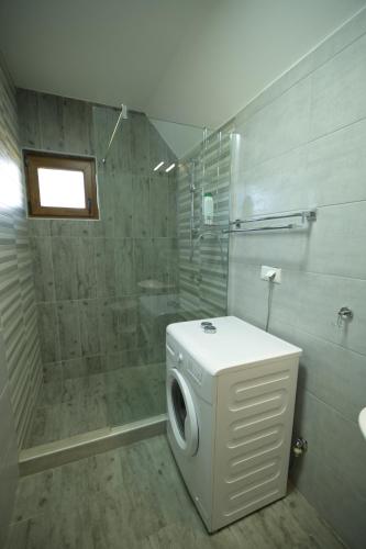 y baño con ducha y lavadora. en Apartmani pod Durmitorom, 