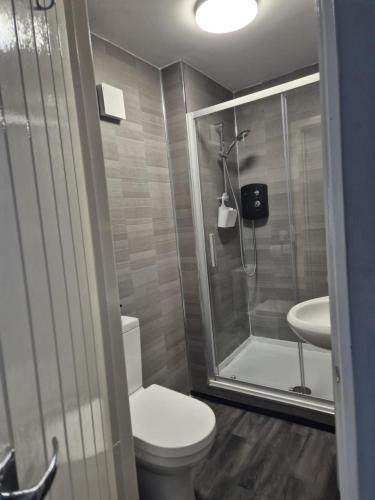 a bathroom with a toilet and a shower and a sink at Rooms at number 4 in North Walsham