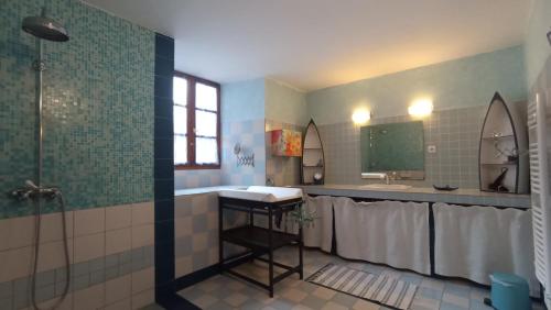 a bathroom with a sink and a shower at Terra Médiane in Serres-sur-Arget