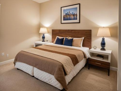 ein Schlafzimmer mit einem großen Bett mit zwei Nachttischen in der Unterkunft Modern Venice Beach Stay - Walk to Marina & Boardwalk in Los Angeles