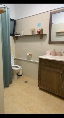 a bathroom with a toilet and a sink and a mirror at מתחת לעץ התות בכפר in Bet Alfa