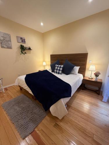 a bedroom with a large bed with blue pillows at Loft Santorino 2 Valquirico in Nativitas