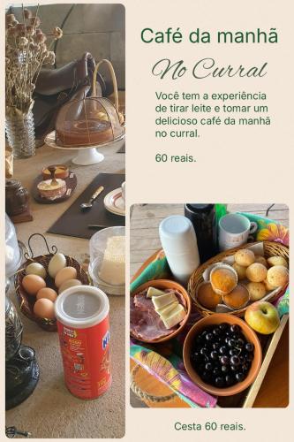 un collage di due foto di cibo su un tavolo di Chalé Mirante da Serra a Sabará