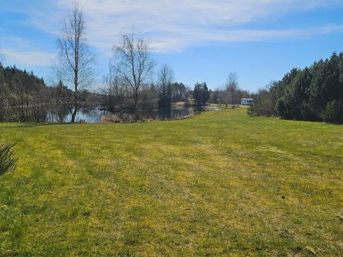 a field of grass with a river in the background at 7 person holiday home in Toftlund in Vestergård