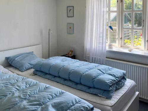 - 2 lits dans une chambre avec des oreillers bleus dans l'établissement 4 person holiday home in Hanstholm-By Traum, à Hanstholm