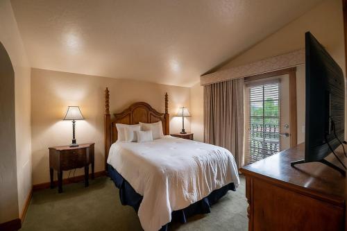 ein Schlafzimmer mit einem großen Bett und einem Fernseher in der Unterkunft Spacious 2B2B Family Villa Near Park City & Sundance - 5557 in Mound City
