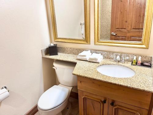 un bagno con un water, un lavandino e uno specchio di Double Queen Getaway at Zermatt Resort Near Park City - 3070 a Mound City