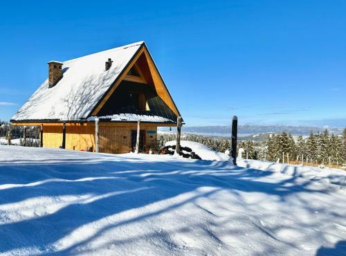 a snow covered cabin with a snow covered roof at Domek Tatry - Stacja Wierchowa 972 m in Brzegi