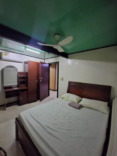 een slaapkamer met een bed met een groen plafond bij HeightsVille Transit in Port Moresby