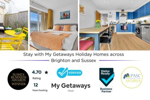 un collage de photos d'une chambre et d'un salon avec un lit dans dans l'établissement Golden Sunset House with free parking by My Getaways, à Brighton et Hove
