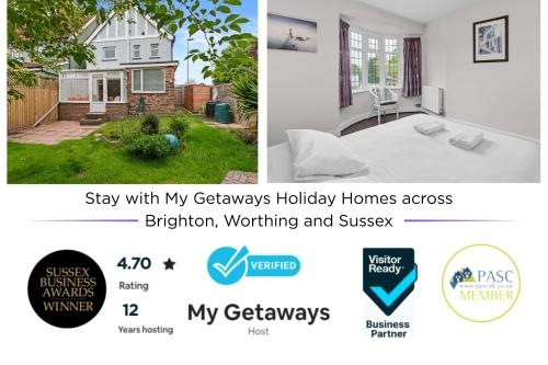 eine Collage von zwei Bildern eines Hauses in der Unterkunft Pebble Corner with Free Parking By My Getaways in Worthing