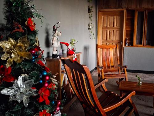 - un arbre de Noël dans un salon avec deux chaises dans l'établissement Horizonte Nica Guest House, à San Juan del Sur