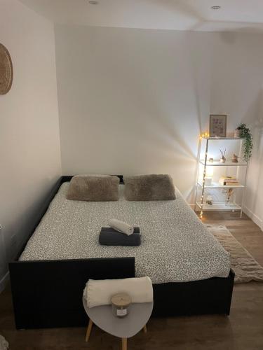 a bedroom with a large bed and a chair at Studio cosy, proche Bordeaux et fleuve in Lormont