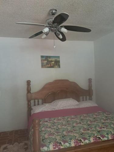 una camera con letto e ventilatore a soffitto di Trafalgar Sweet Bee a Trafalgar